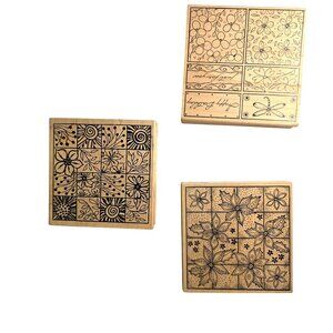 Three Wooden Rubber Stamps Floral Botanical Craft Scrapbook Card Making